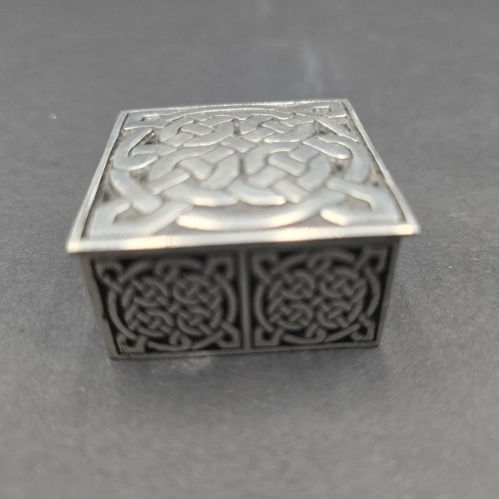 A.E. Williams Celtic Knot Pewter Trinket Box Blue Velvet Lining Made in England